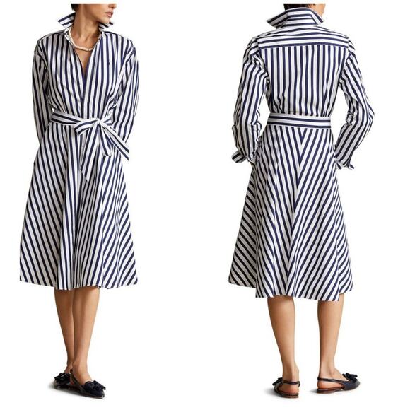 Polo Ralph Lauren Belted Wide Striped Cotton Shirtdress 8 Navy White Long Sleeve - Picture 1 of 15